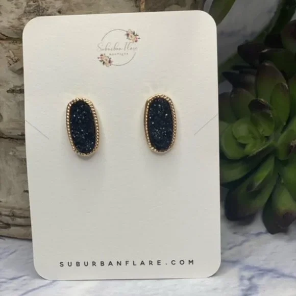 Druzzy Stud Earrings- Black - Picture 1 of 1